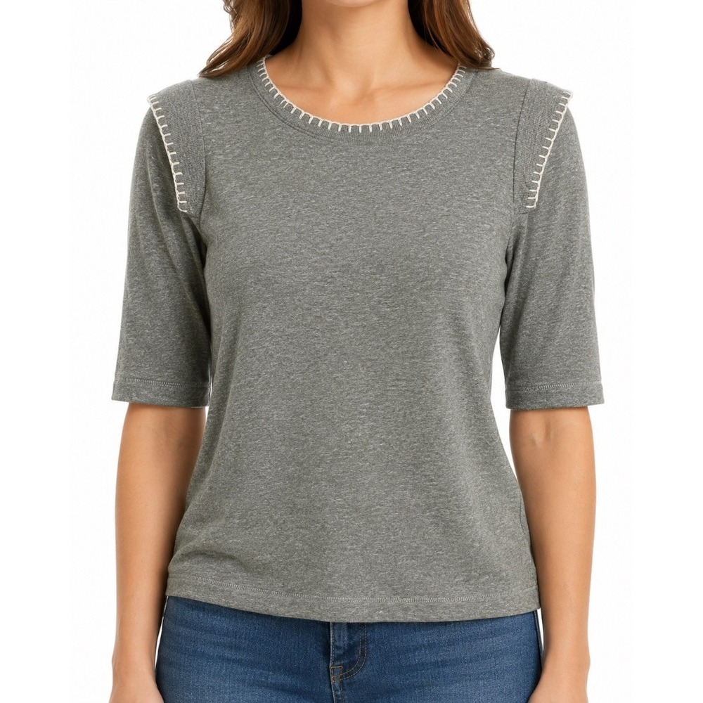 Democracy‎ Womens Gray Whipstitch Elbow Sleeve Crewneck Knit Top Size M